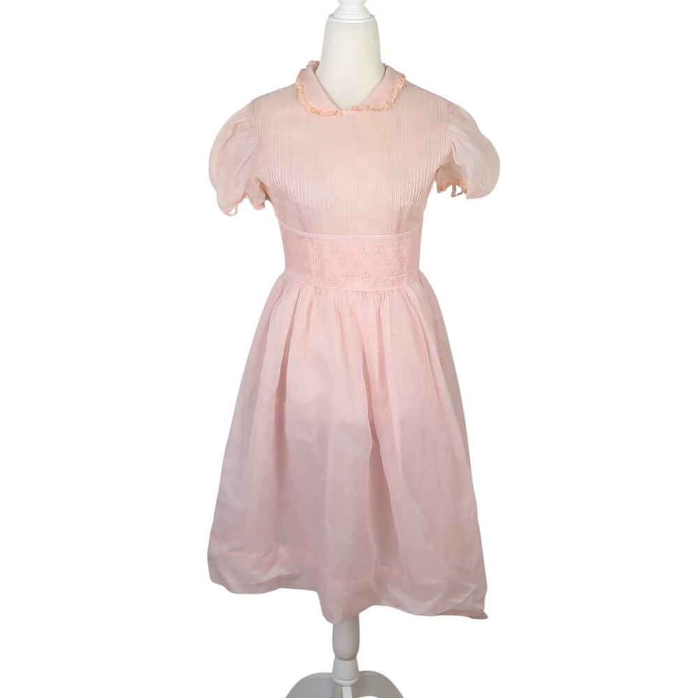 Vintage 50s JW Robinson Youngland Nylon Sheer Pink Peter Pan Collar Party Dress - Picture 1 of 8
